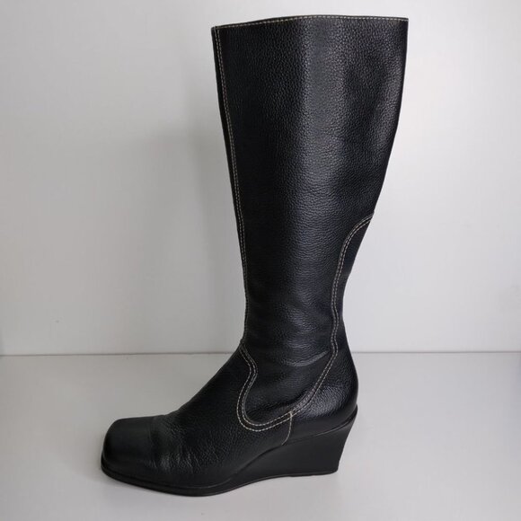 Gianni Bini Black Leather Wedge Boots Size 6 - Picture 6 of 16
